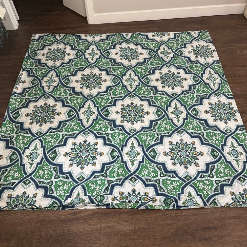Pottery Barn Full Queen Duvet Cover Organic Cotton Medallion Tile Green Blue